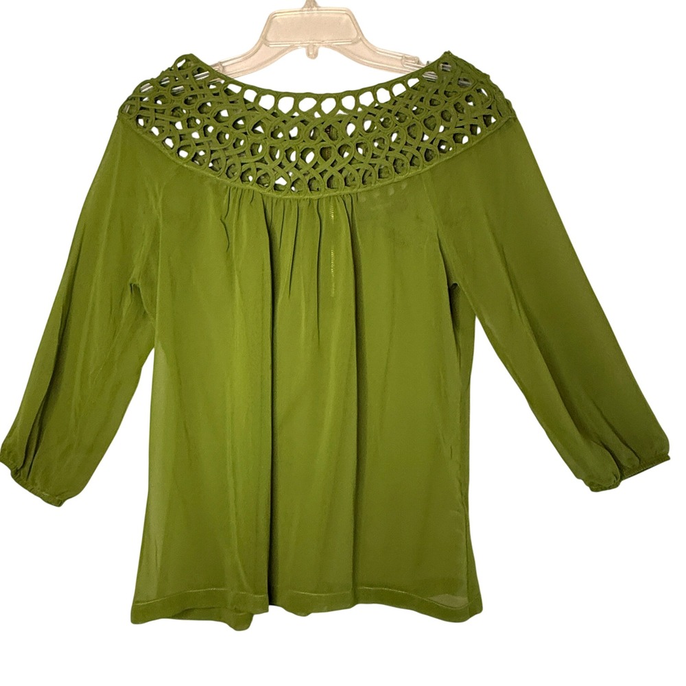 Umgee Blouse Womens S Lime Green Crochet Neck 3/4 Sleeve Boho Cottagecore H5225